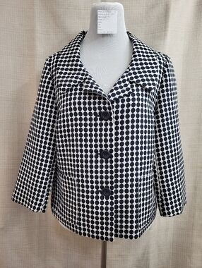 Scott Taylor Women's Blazer Jacket Black White Polka Dot 3/4 Button Front Size L